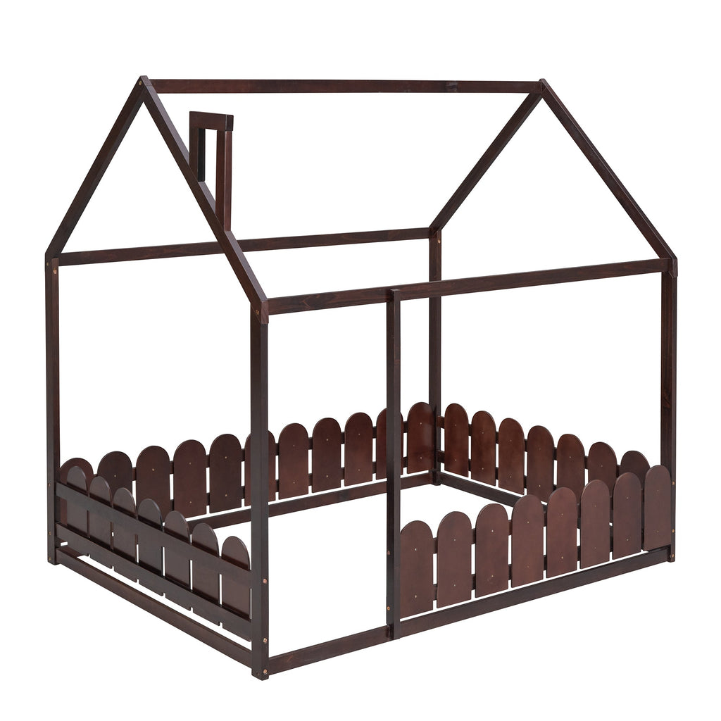 (Slats are not included)Full Size Wood Bed House Bed Frame with Fence for Kids Teens Girls Boys (Espresso )