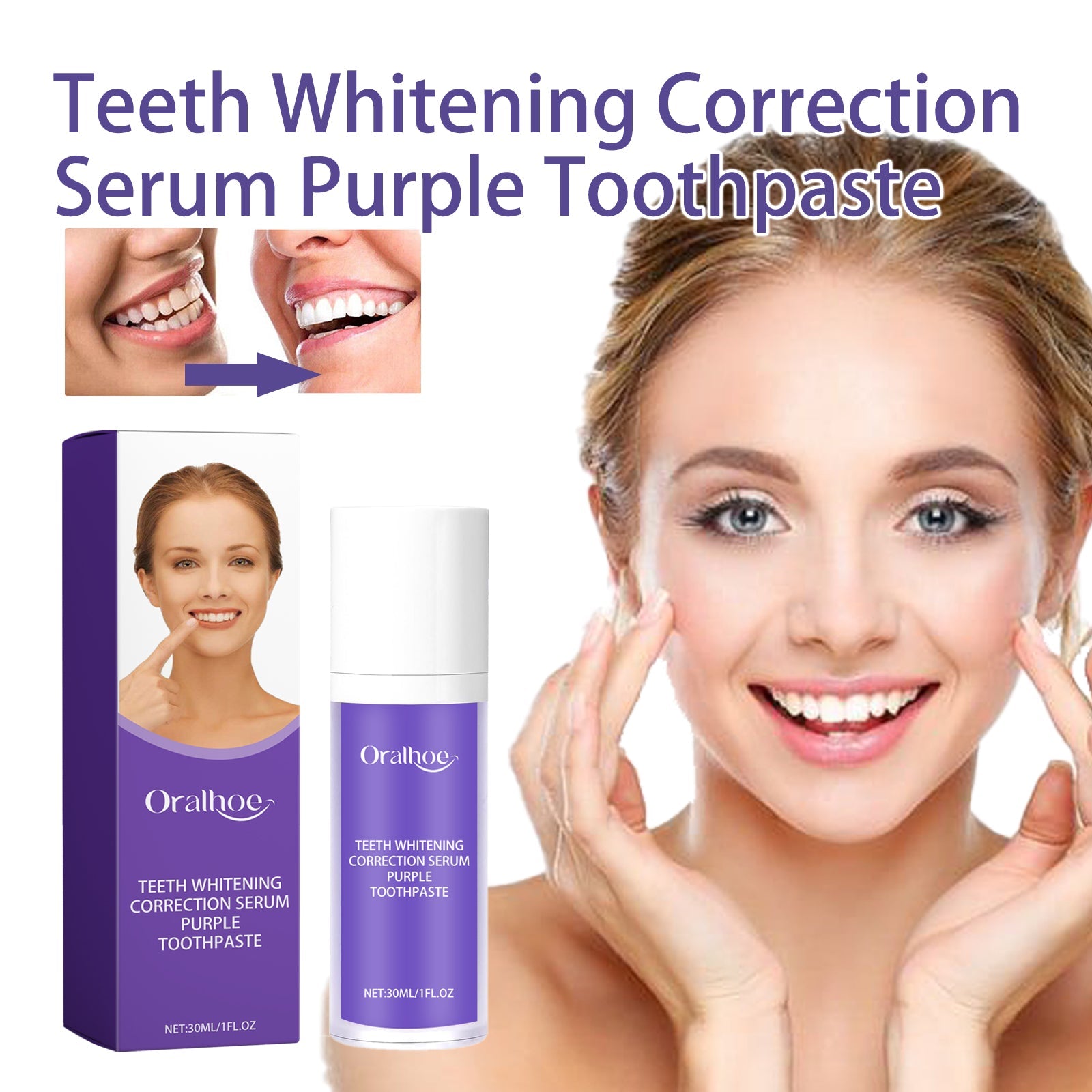 Teeth Whitening Correction Serum Purple Toothpaste, Clean Tooth Stains Brightening White Mild Gingival Care Breath Fresh And Deodorizing