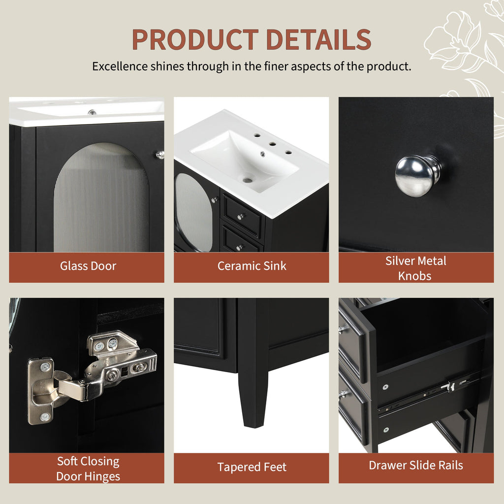 30" Bathroom Vanity with Sink, Bathroom Vanity Cabinet with Three Drawers and Door, Solid Wood and MDF, Black