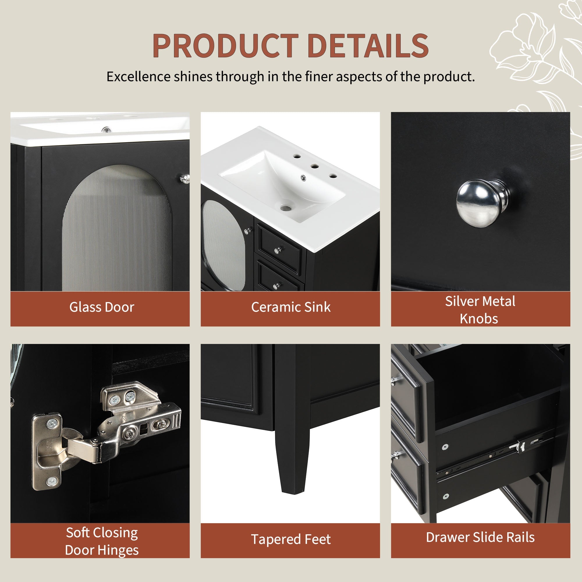 30" Bathroom Vanity with Sink, Bathroom Vanity Cabinet with Three Drawers and Door, Solid Wood and MDF, Black