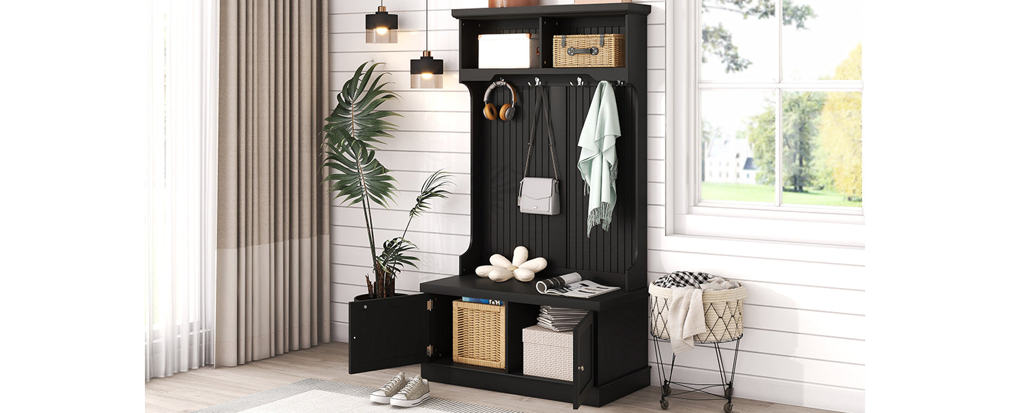 Hall Tree with Storage Shoe Bench for Entryway and Hallway 4-in-1 Design Coat Racks with 4 Hooks for Living Room Black