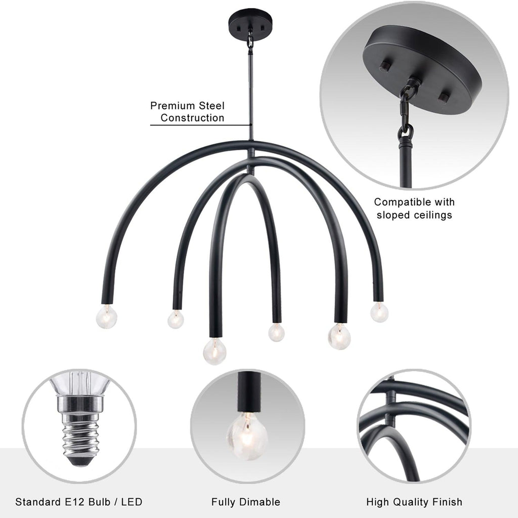 Caboche Mid-Century Modern Black Dimmable 6-Light Chandelier