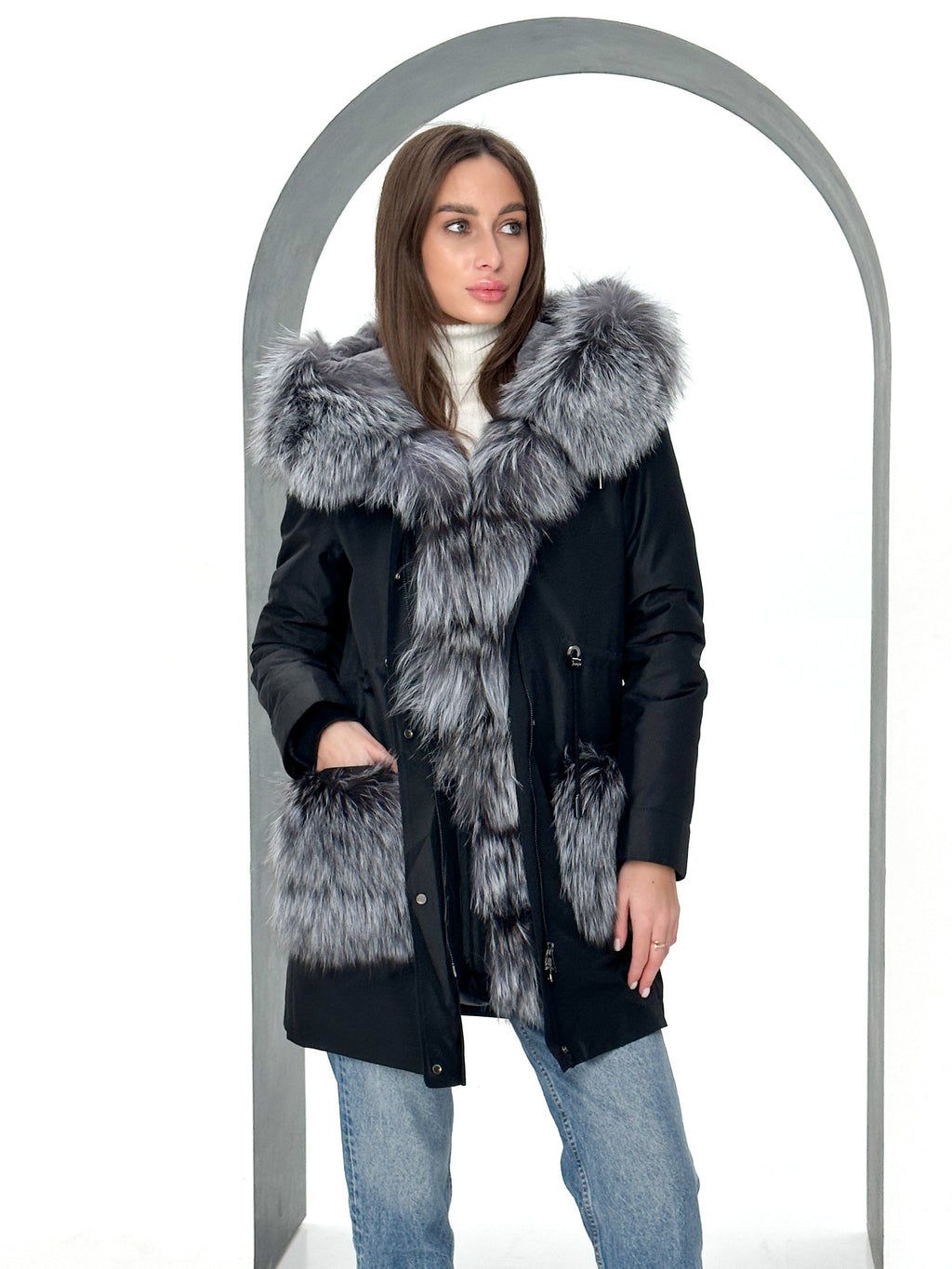 Genuine Silver Fox Fur Rabbit Fur Insulated Parka