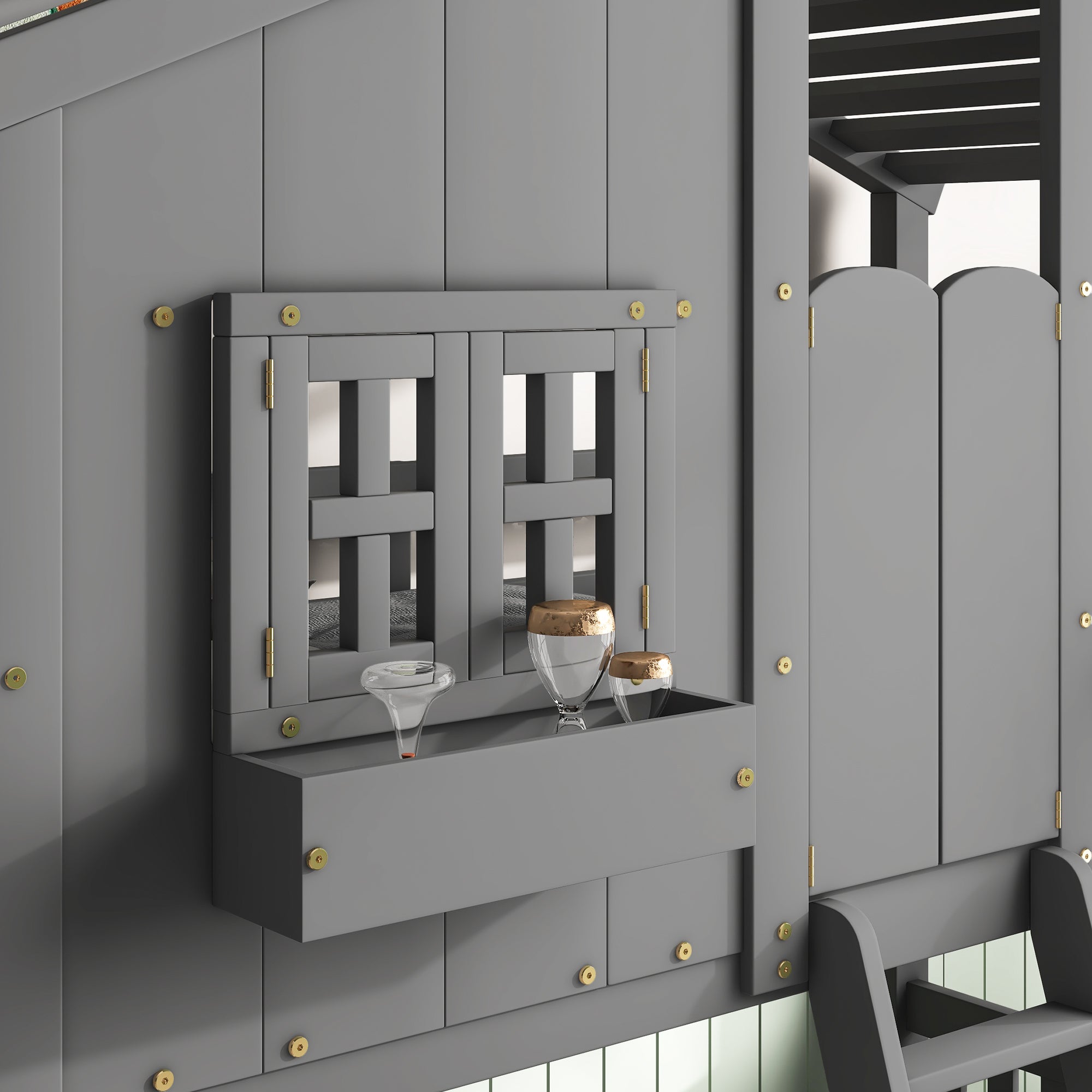 Twin over Twin House Bunk Bed with Roof , Window, Window Box, Door , with Safety Guardrails and Ladder, Grey