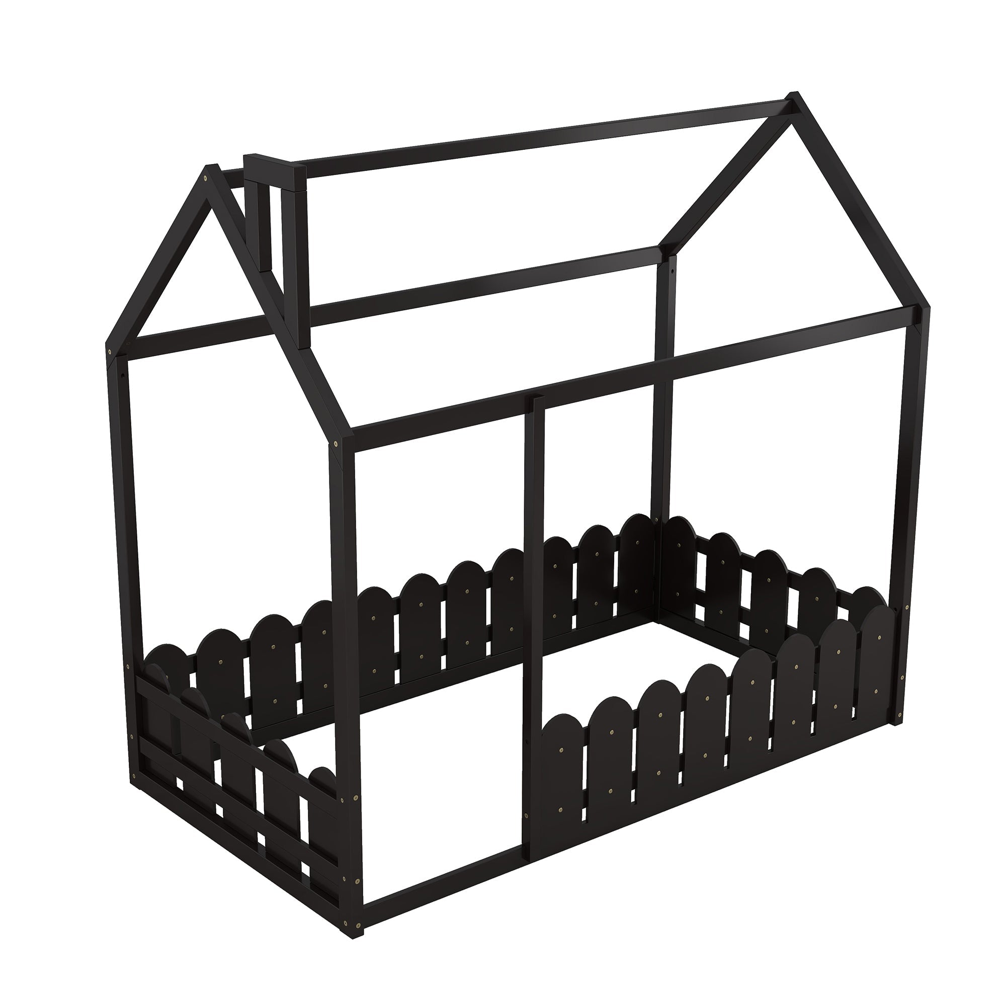 {Slats are not included}Twin Size Wood Bed House Bed Frame with Fence for KidsTeens Girls Boys
