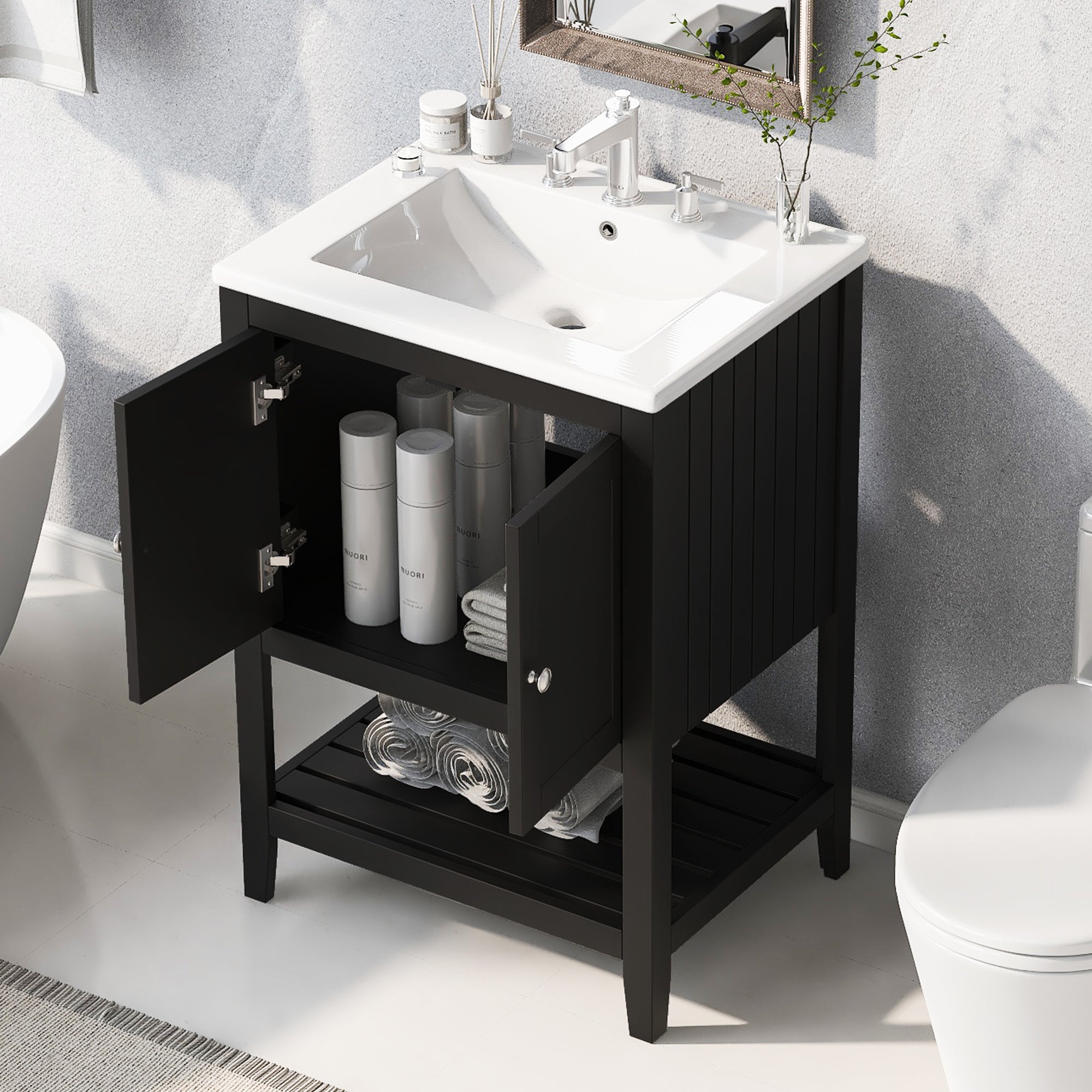 24" Black Modern Sleek Bathroom Vanity Elegant Ceramic Sink with Solid Wood Frame Open Style Shelf