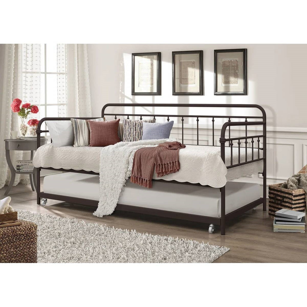 Twin size Rounded Iron Daybed with Roll Out Trundle Bed Frame in Copper Brown