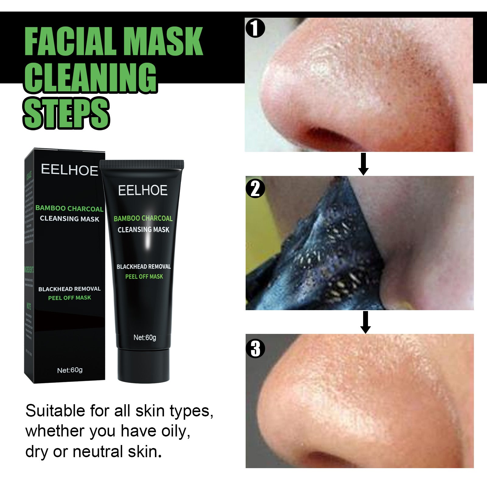 Bamboo Charcoal Blackhead Removal Mask, Deep Cleanse Pores And Acne T-Zone Oil Control With A Peel Mask