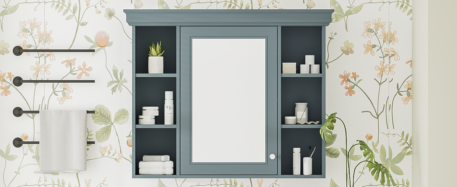 35 ''x 28' 'blue wall mounted bathroom storage cabinet with mirror door and medication cabinet with 6 open shelves