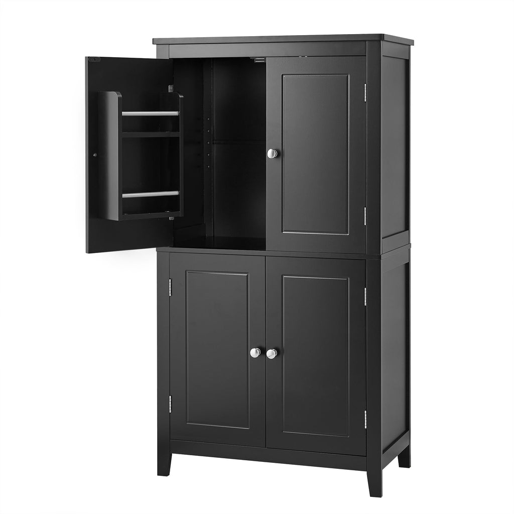 Bathroom floor storage cabinet, bathroom storage cabinet, 4-door independent cabinet, adjustable shelf, adaptive shelf, black