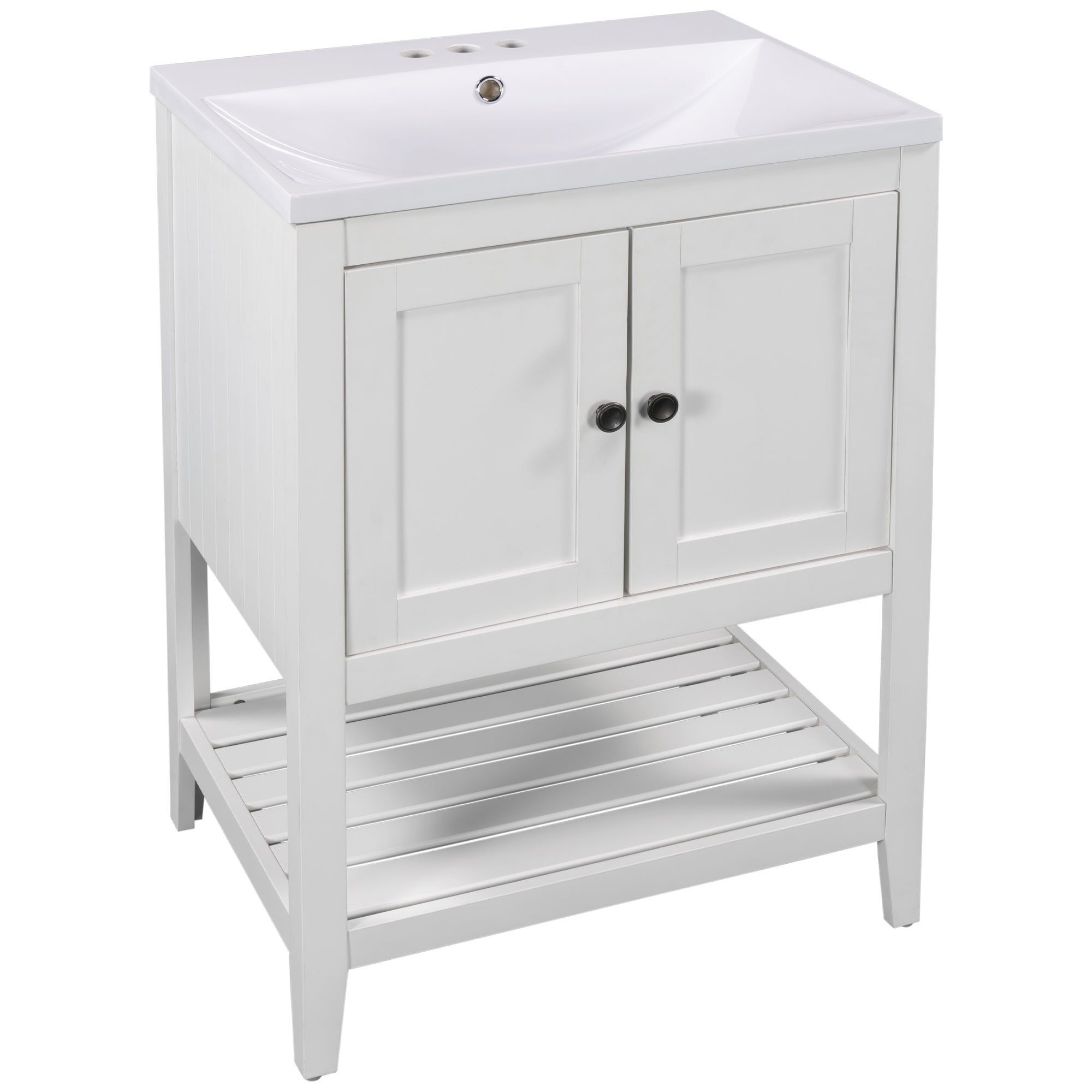 24" White Modern Sleek Bathroom Vanity Elegant Ceramic Sink with Solid Wood Frame Open Style Shelf