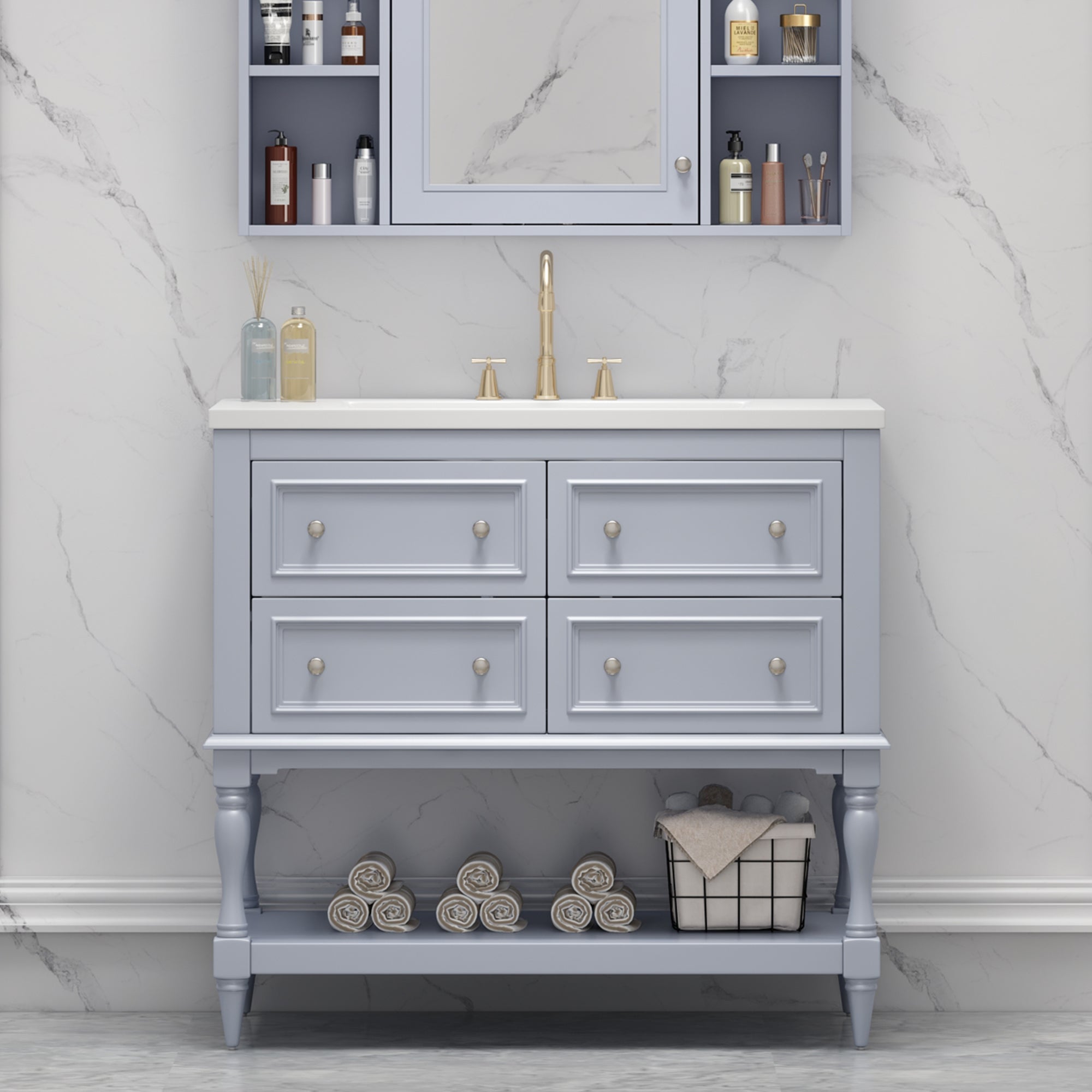 36" Bathroom Vanity Cabinet with Sink Combo Set, Undermount Resin Sink, Free Standing Vanity Set with 4 Drawers Blue