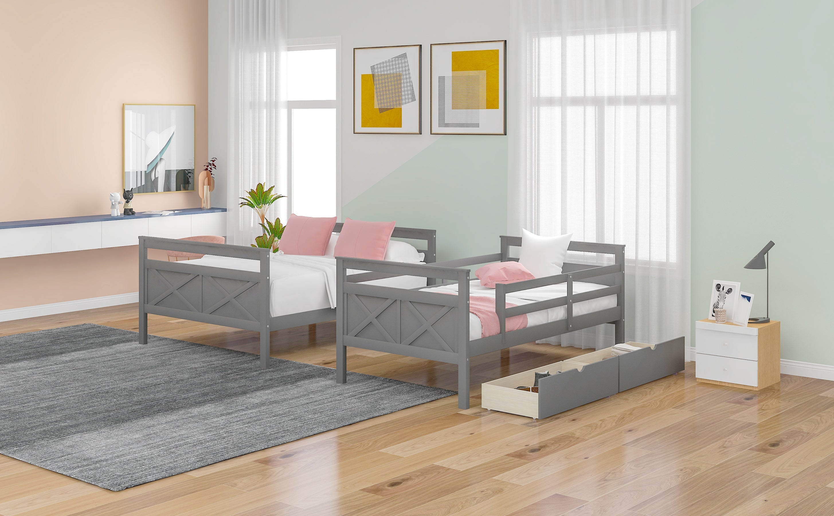 Twin over Full Bunk Bed with Ladder Two Storage Drawers  Safety Guardrail  Gray