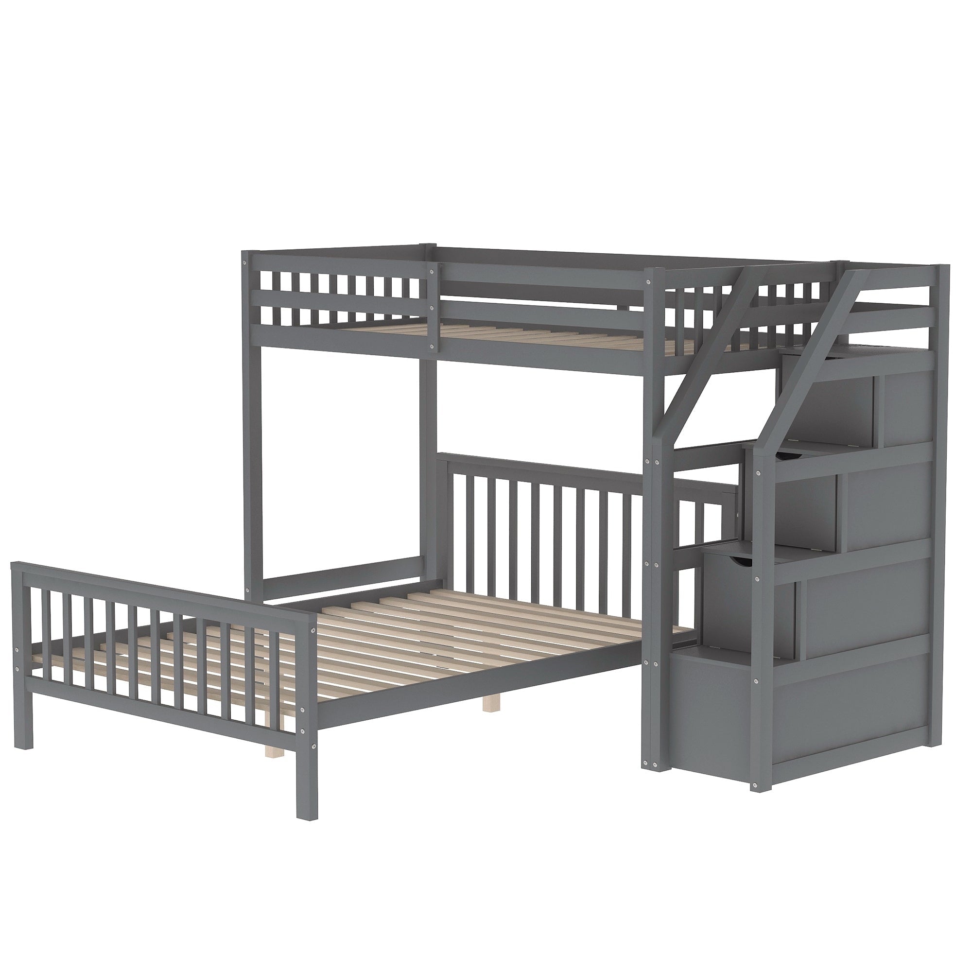 Twin over Full Loft Bed with Staircase Gray