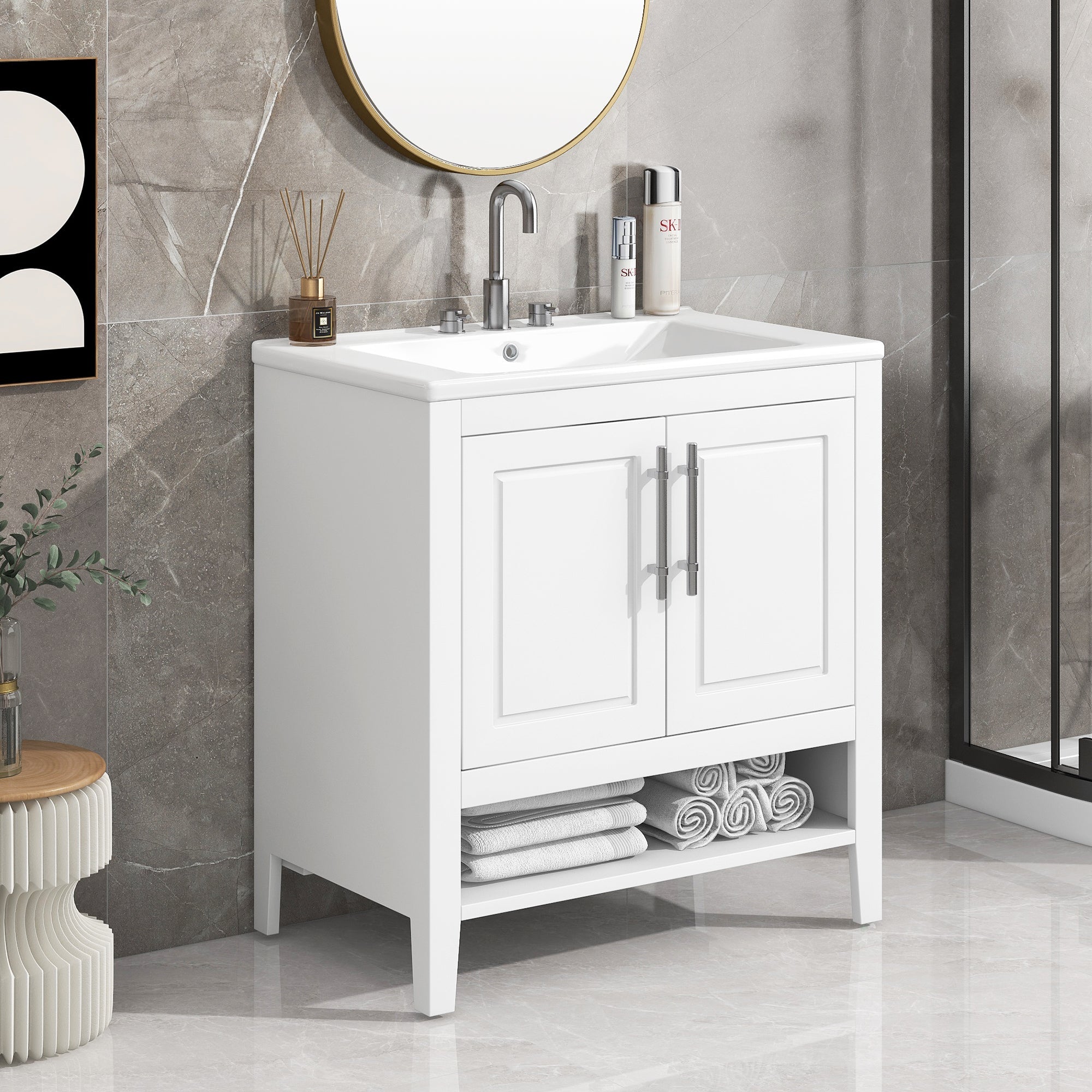 30" Bathroom Vanity with Sink  Multi-functional Bathroom Cabinet with Doors and Drawers Solid Frame and MDF Board, White