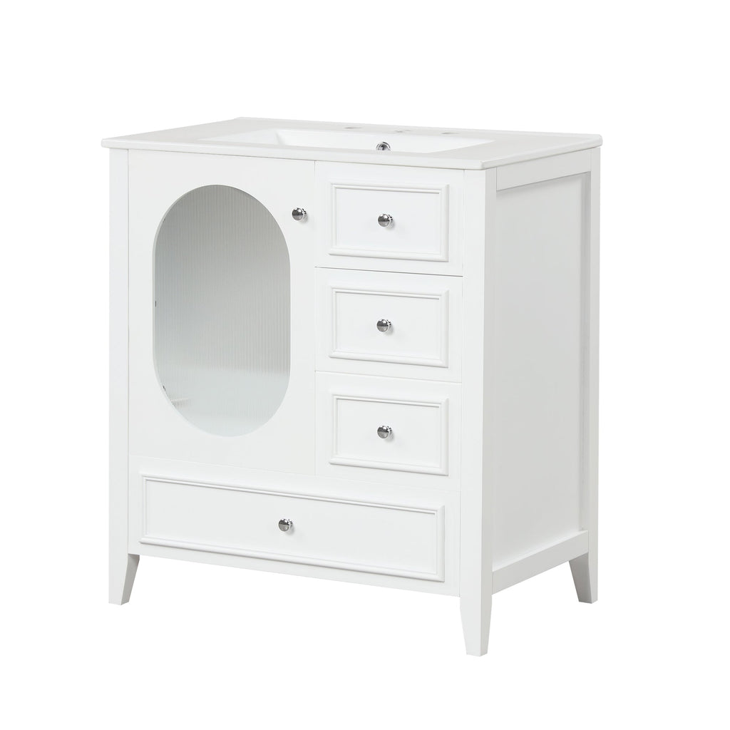 30" Bathroom Vanity with Sink, Bathroom Vanity Cabinet with Three Drawers and Door, Solid Wood and MDF, White