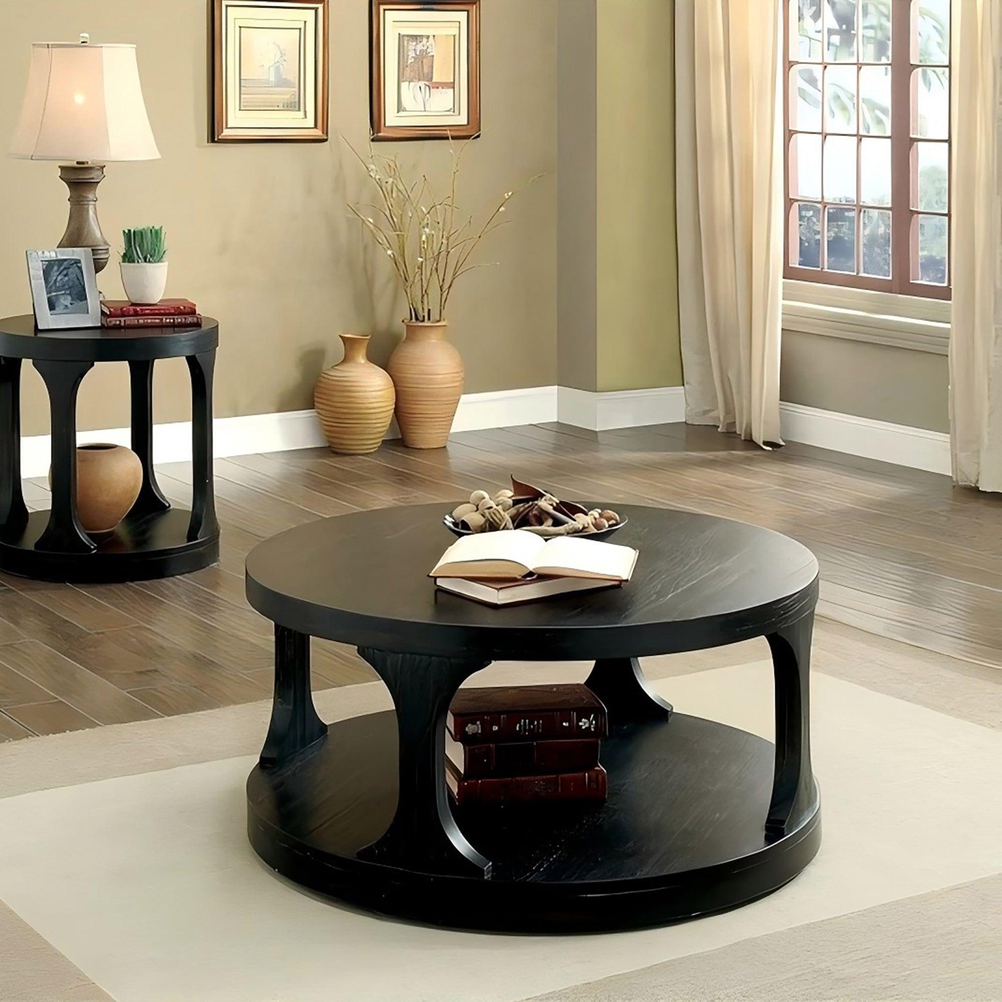 18"H Antique Black Round Structure Coffee Table with Open Shelf