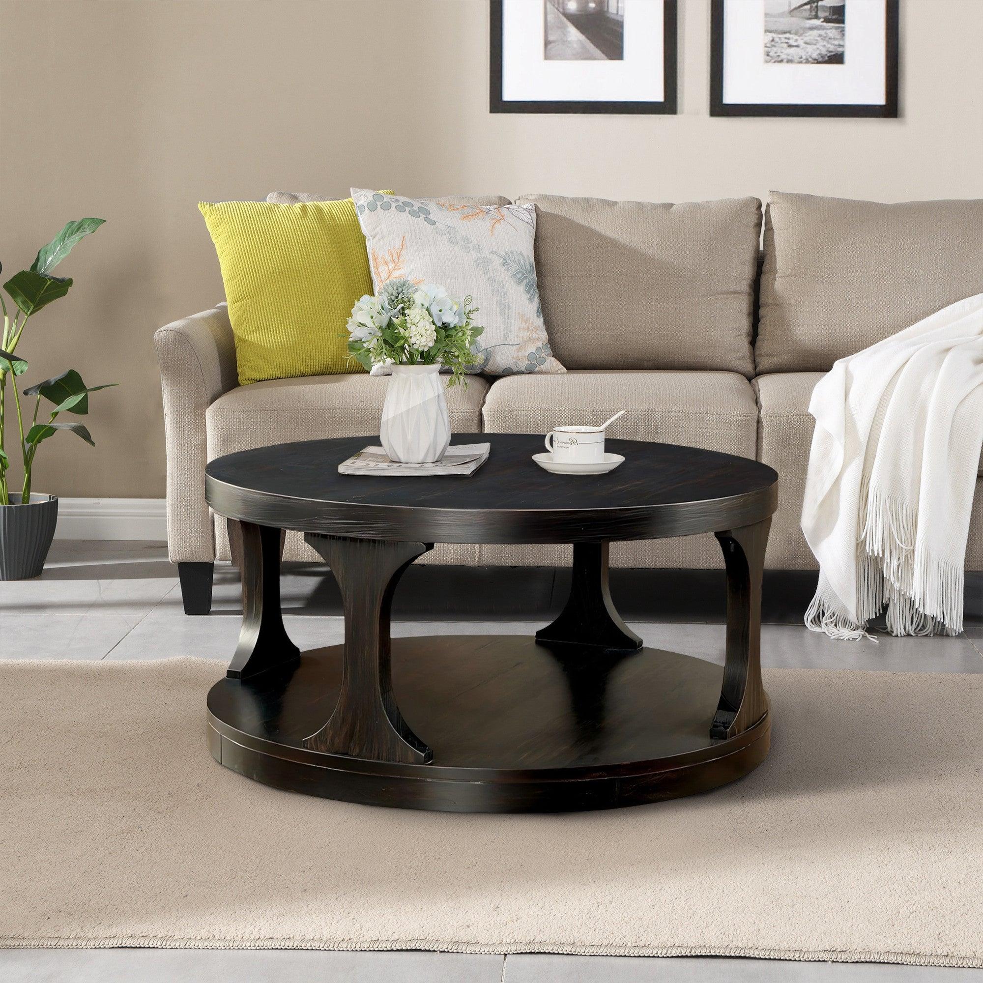 18"H Antique Black Round Structure Coffee Table with Open Shelf
