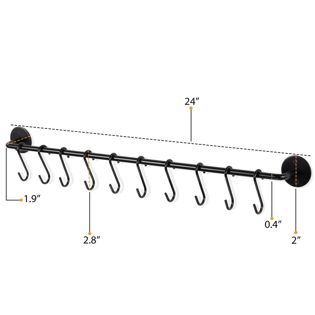 Set of 2 - Black Metal Wall Mounted Pot Rack with 20 Hanging Hooks
