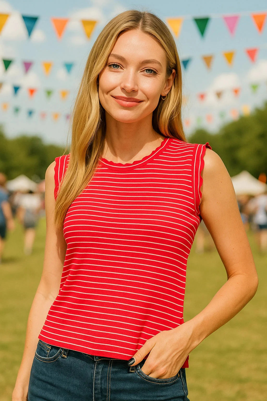 Zenana Ruby Ribbed Ruffle Trim Striped Sleeveless Tank Top for Women