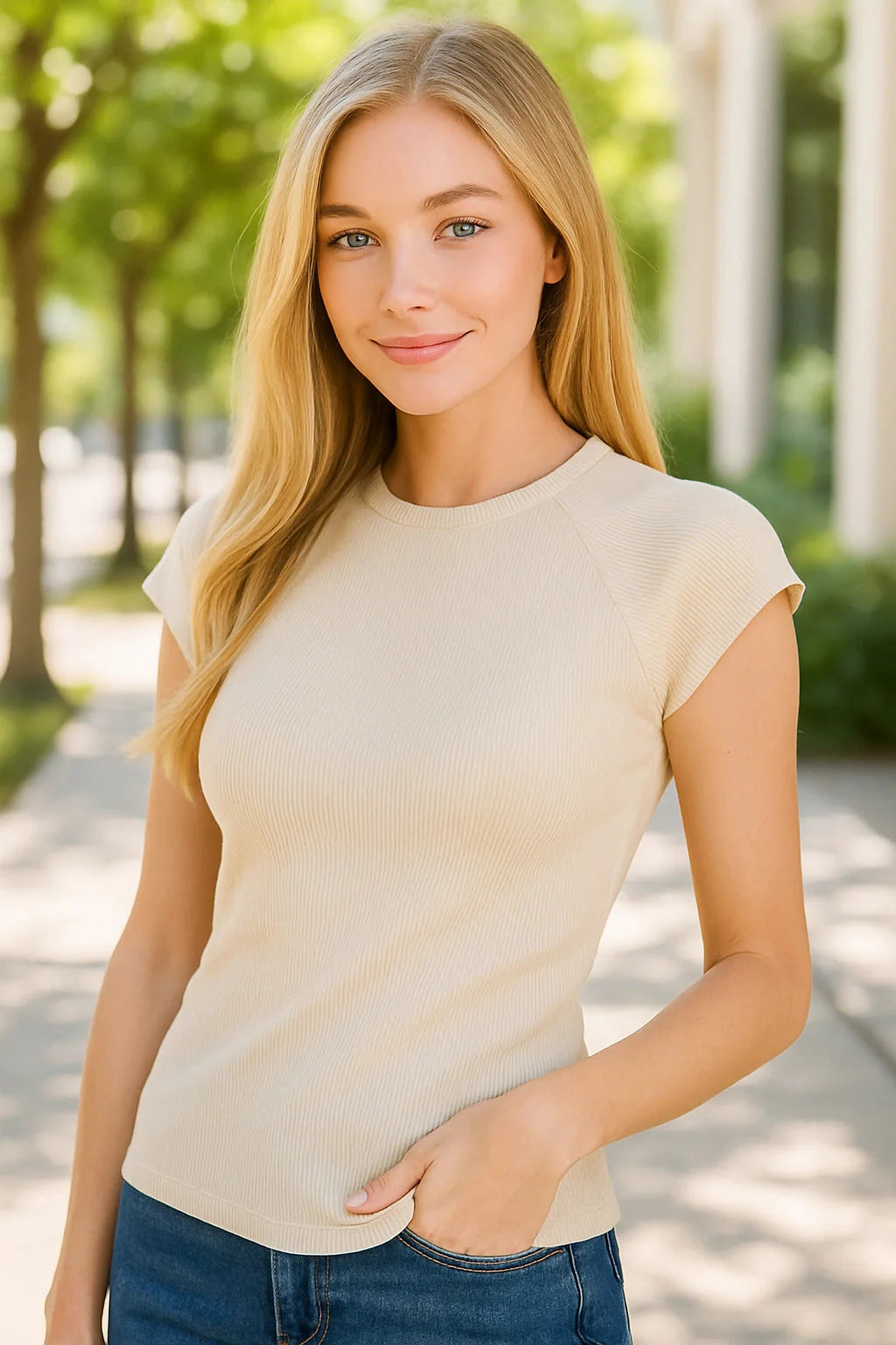 Zenana Stone Washed Ribbed Cap Sleeve Seamless Tank Top in Sand Beige