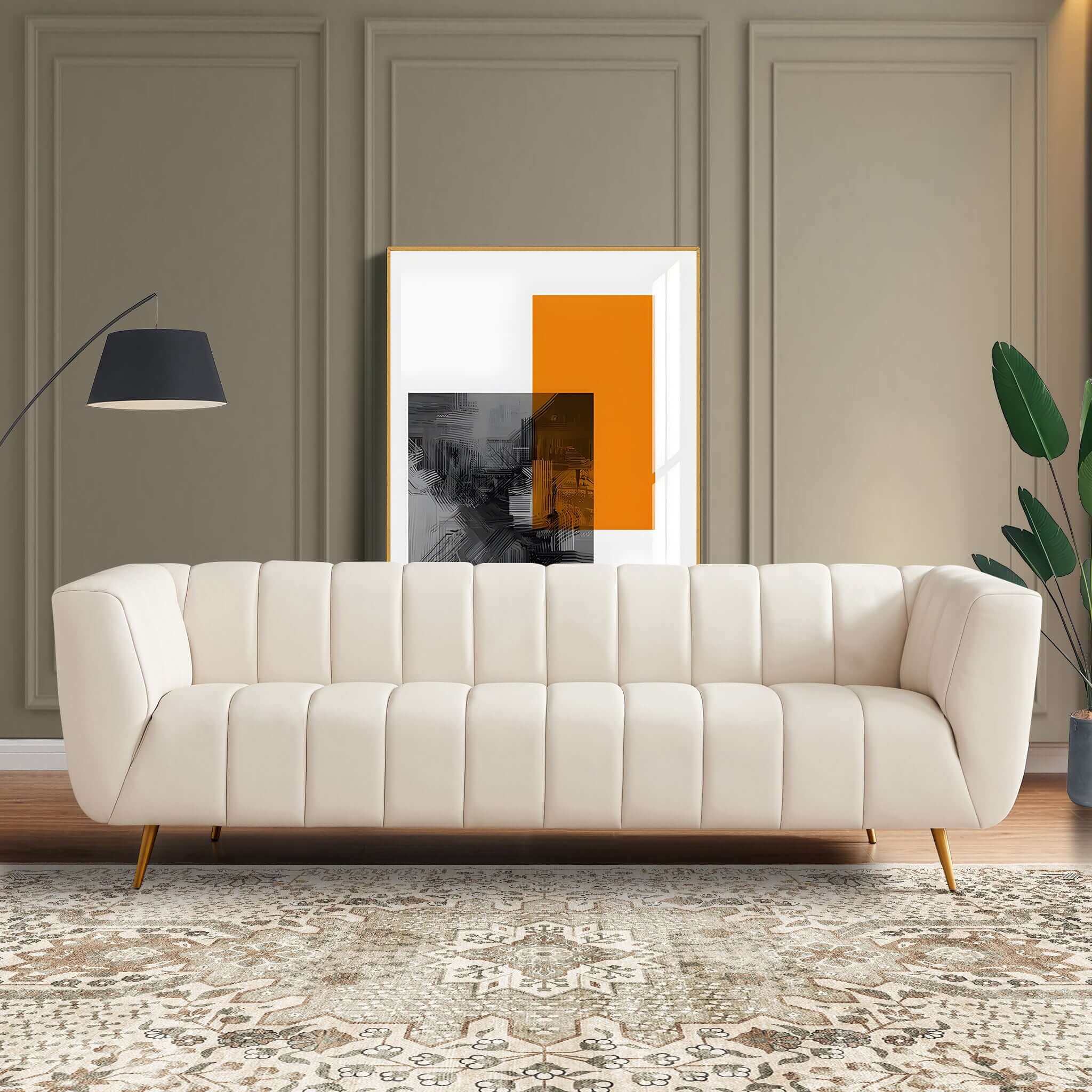 LaMattina Genuine Italian Beige Leather Channel Tufted Sofa – Designer