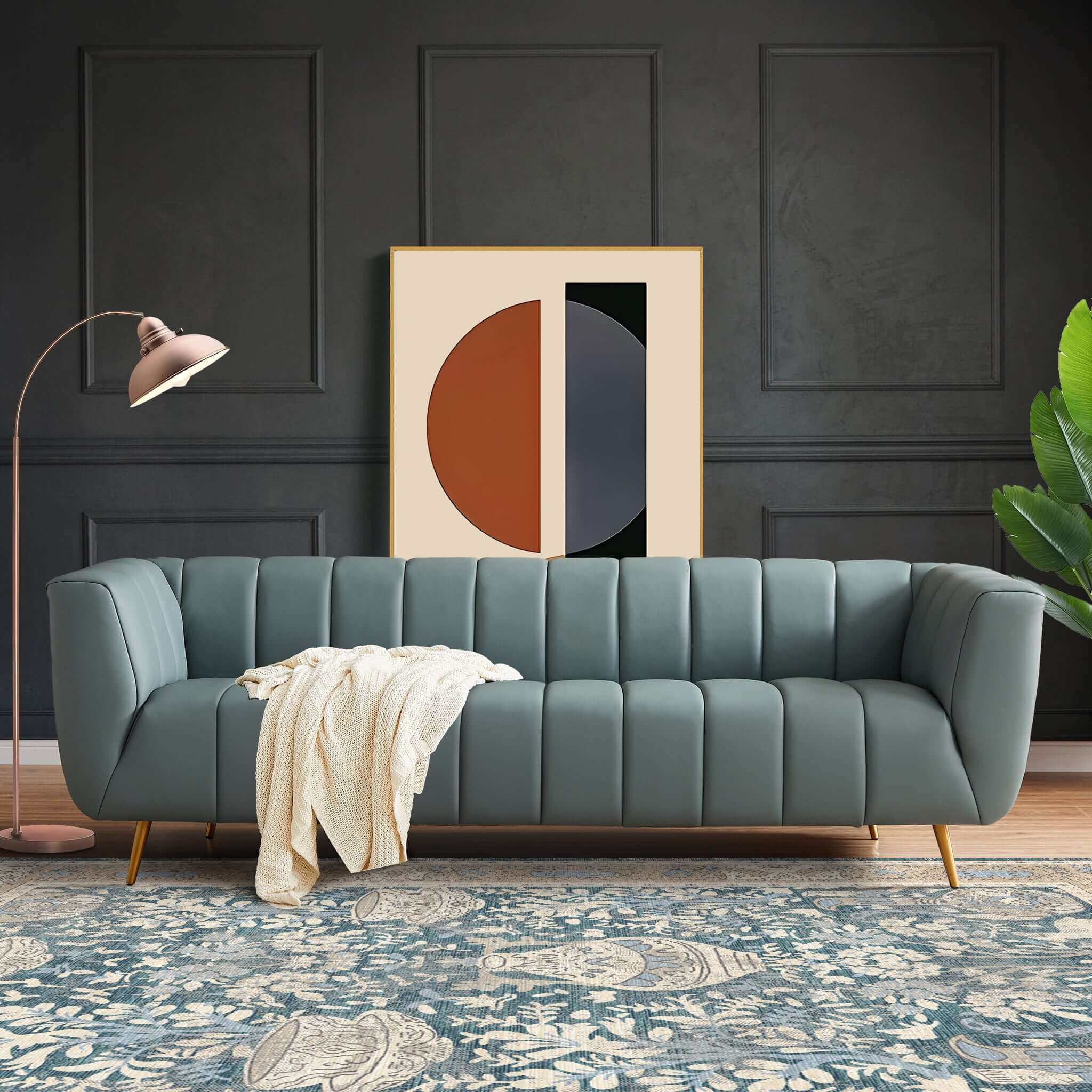 LaMattina Genuine Italian Blue Leather Channel Tufted Sofa – Designer 