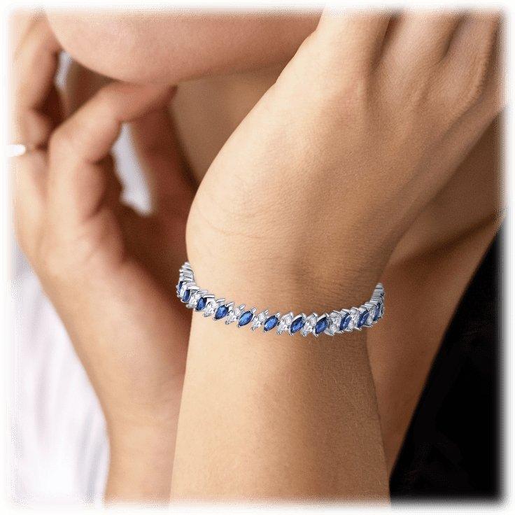 Cubic Zirconia Tennis Bracelet with Marquise Cut Sapphire and Clear AAA+ Cubic Zirconia