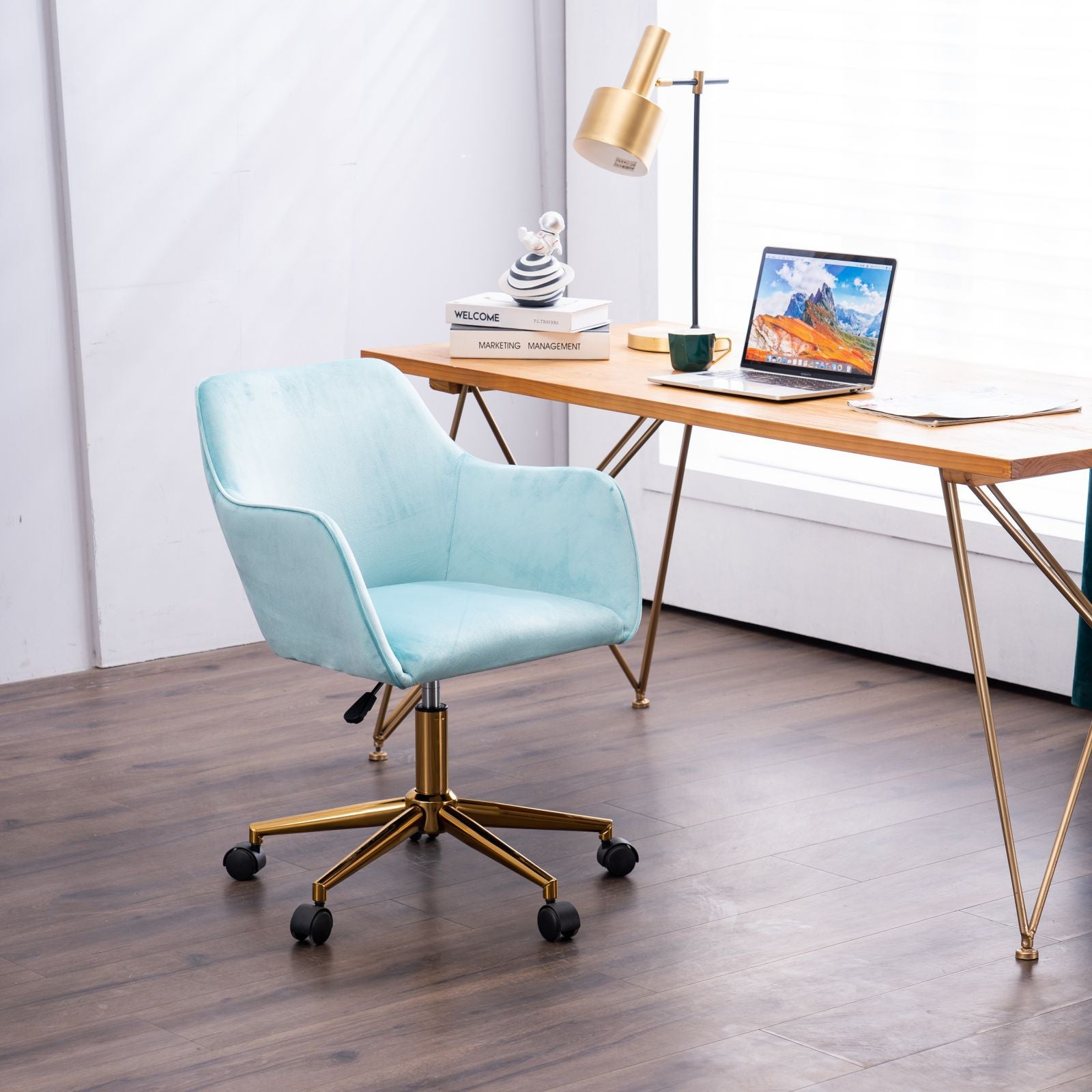 Modern Velvet Fabric Material Adjustable Height 360 revolving Home Office Chair Aqua Light Blue