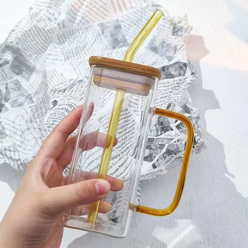 Square colored handle cup glass straw cup with lid milk tea cup with large capacity