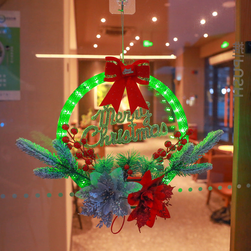 Christmas wreath lights, simulated red fruits, pine needles, decorative ornaments, window display items, ornaments