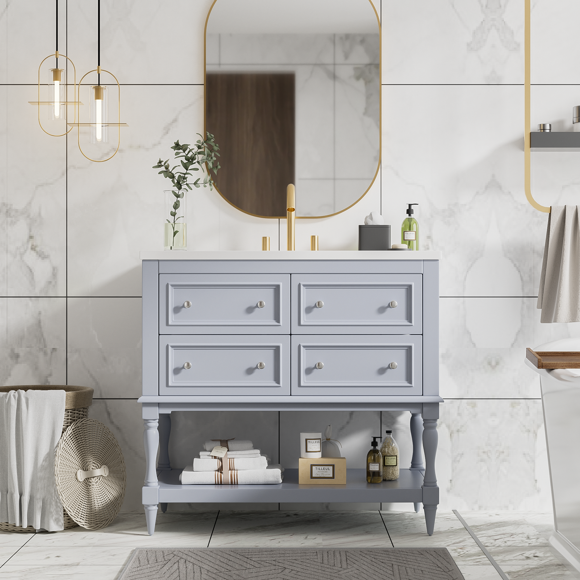 36" Bathroom Vanity Cabinet with Sink Combo Set, Undermount Resin Sink, Free Standing Vanity Set with 4 Drawers Blue