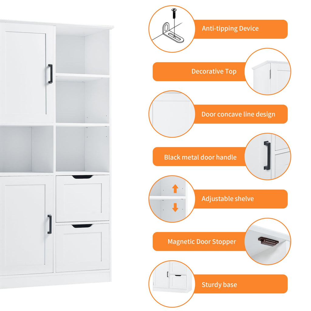 Bathroom storage cabinet with doors and drawers, multiple storage spaces, independent, open adjustable shelves, white