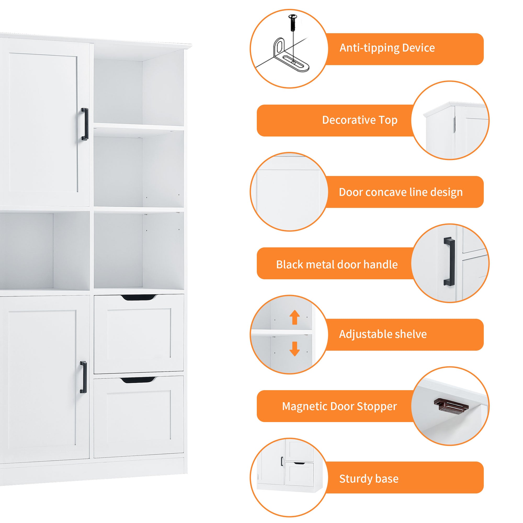 Bathroom storage cabinet with doors and drawers, multiple storage spaces, independent, open adjustable shelves, white