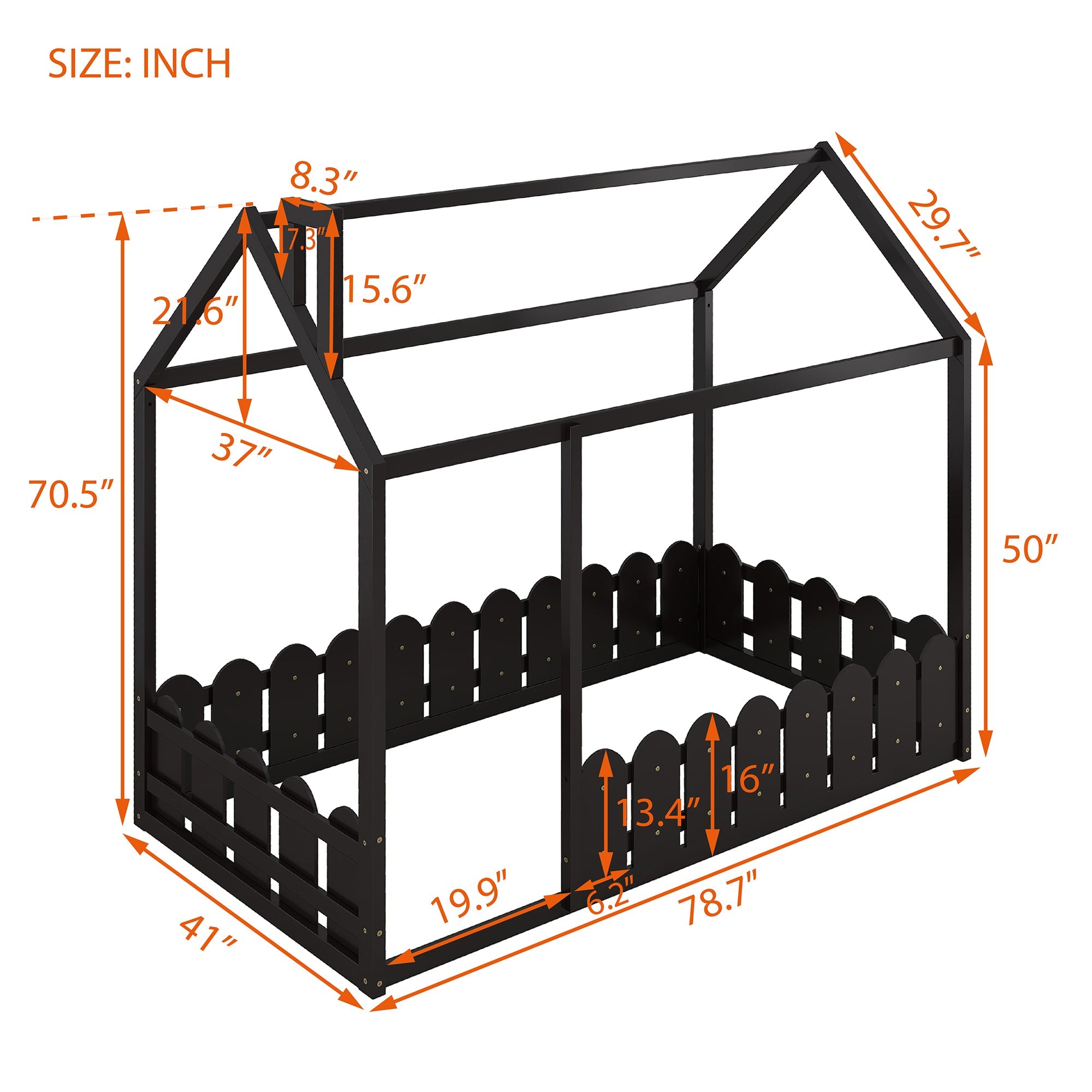 {Slats are not included}Twin Size Wood Bed House Bed Frame with Fence for KidsTeens Girls Boys