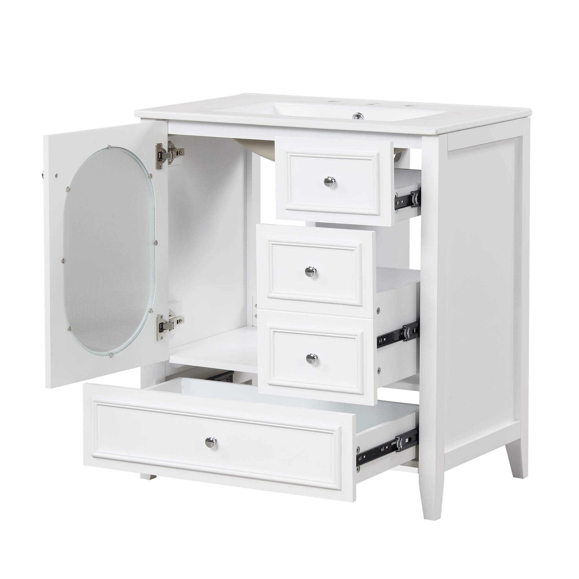 30" Bathroom Vanity with Sink, Bathroom Vanity Cabinet with Three Drawers and Door, Solid Wood and MDF, White