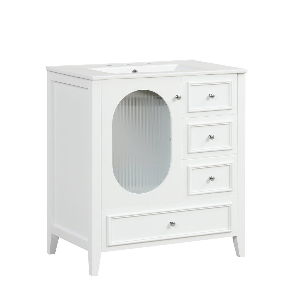 30" Bathroom Vanity with Sink, Bathroom Vanity Cabinet with Three Drawers and Door, Solid Wood and MDF, White