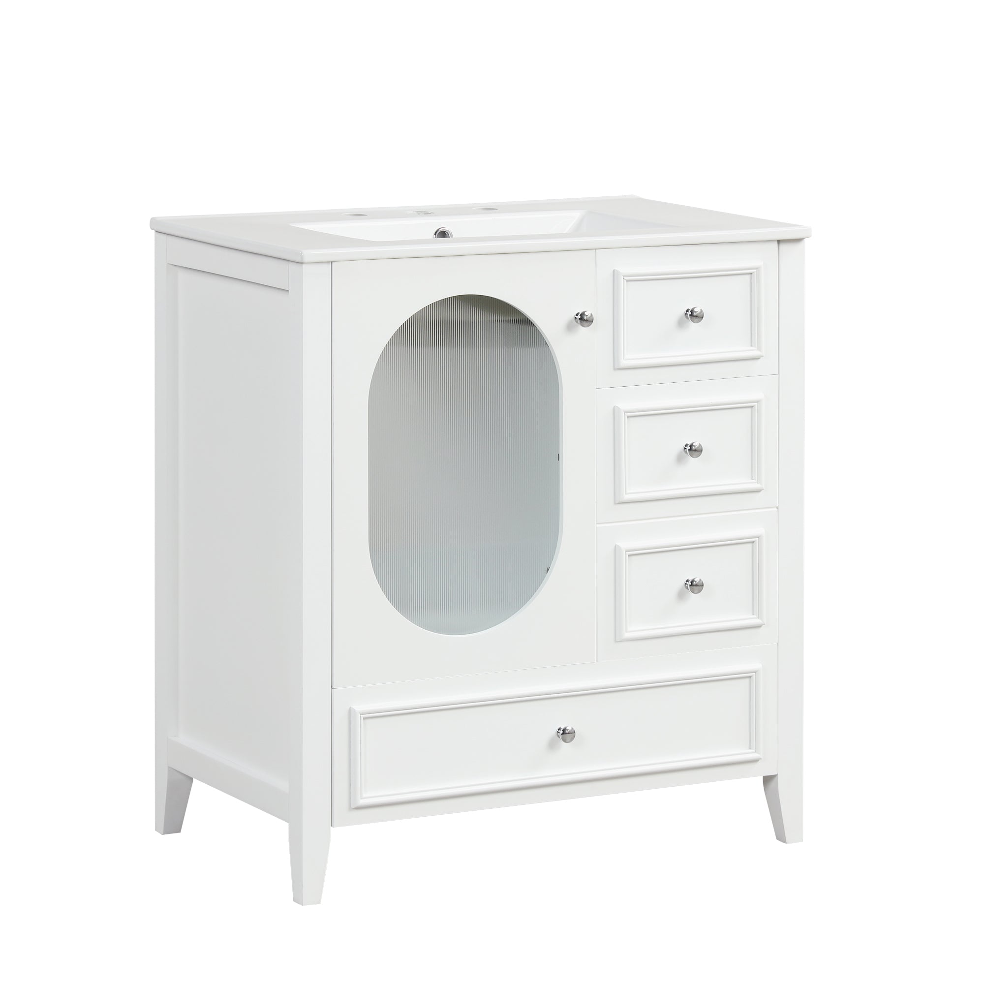 30" Bathroom Vanity with Sink, Bathroom Vanity Cabinet with Three Drawers and Door, Solid Wood and MDF, White