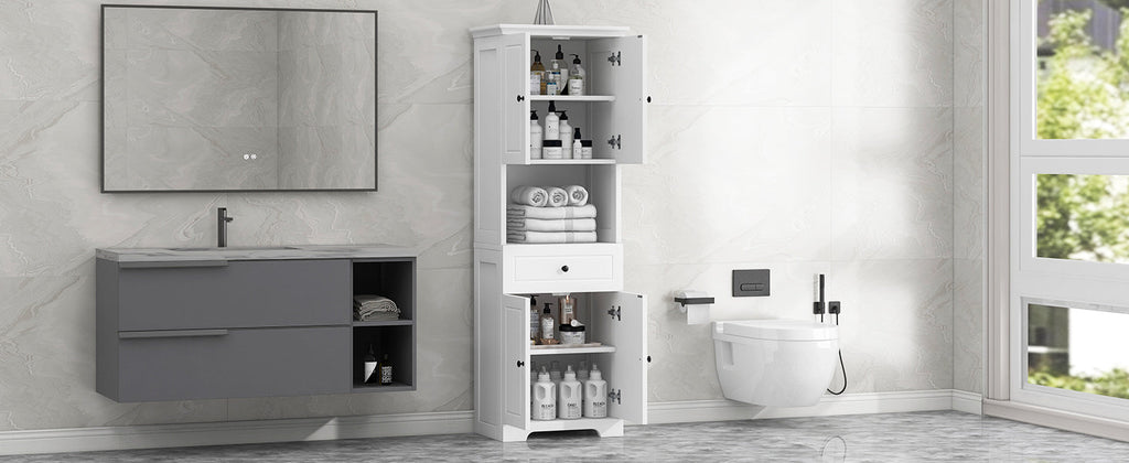 Tall Bathroom Cabinet with Four Doors, Large Storage Space Open Shelve, Upper Storage Cabinet, Whit