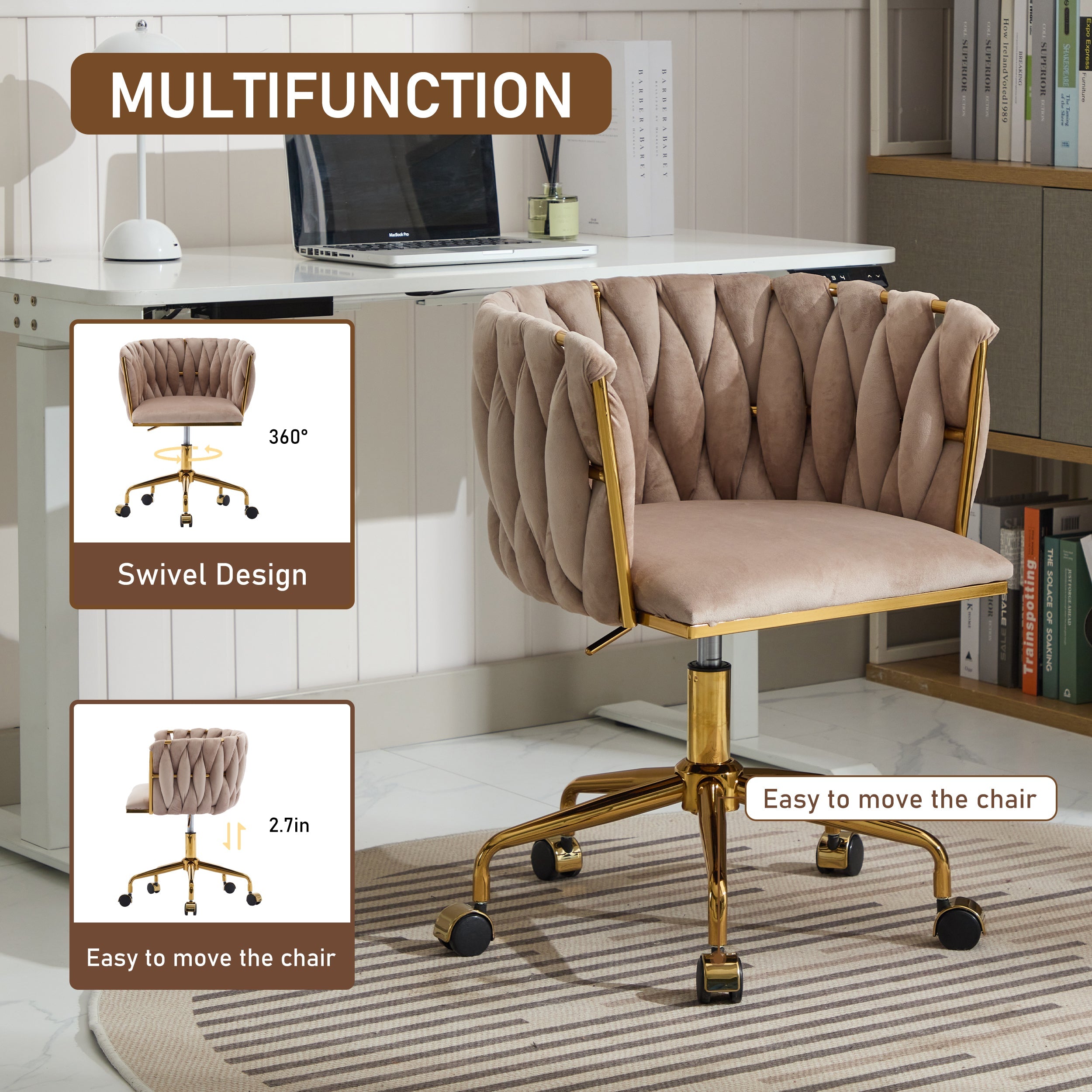 Velvet Vanity Chair with Wheels, Accent Chair Makeup Vanity Chair with Hand Woven Backrest (GRAY)