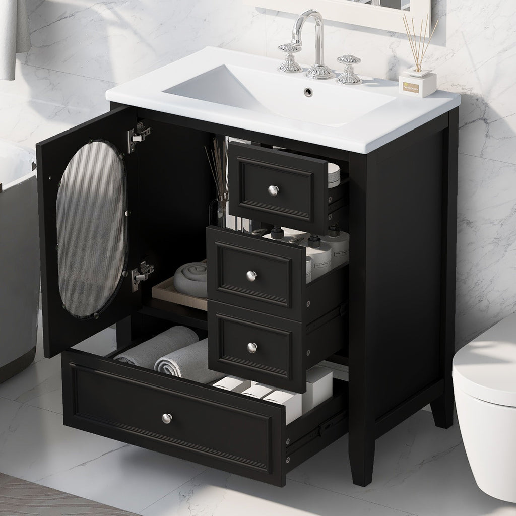 30" Bathroom Vanity with Sink, Bathroom Vanity Cabinet with Three Drawers and Door, Solid Wood and MDF, Black