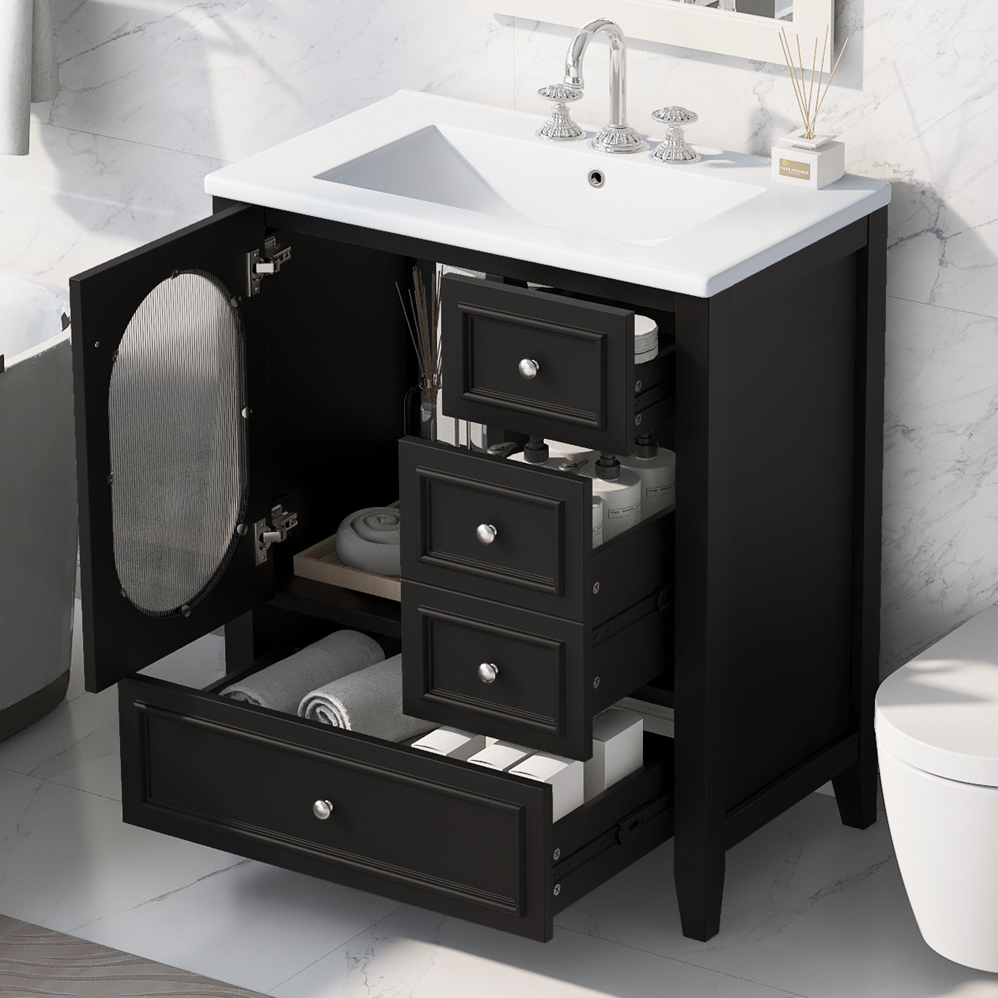 30" Bathroom Vanity with Sink, Bathroom Vanity Cabinet with Three Drawers and Door, Solid Wood and MDF, Black