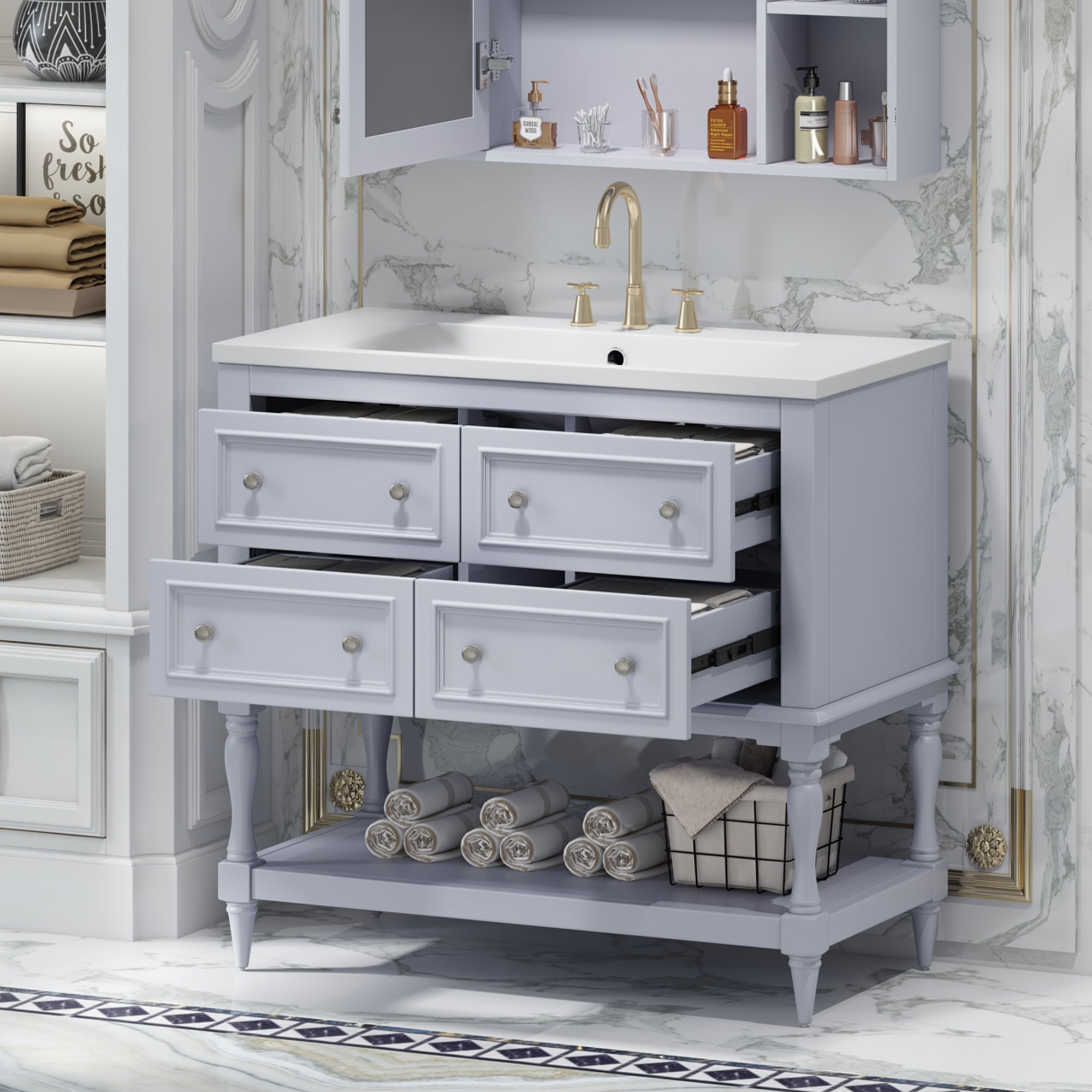 36" Bathroom Vanity Cabinet with Sink Combo Set, Undermount Resin Sink, Free Standing Vanity Set with 4 Drawers Blue