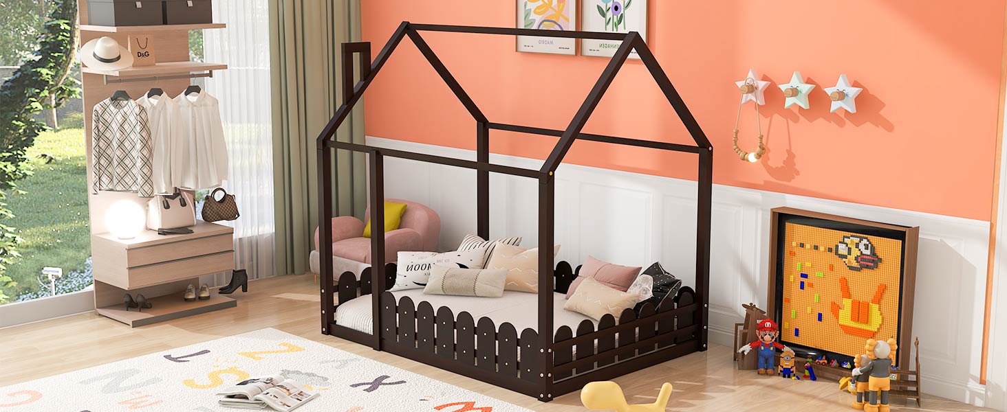 (Slats are not included)Full Size Wood Bed House Bed Frame with Fence for Kids Teens Girls Boys (Espresso )