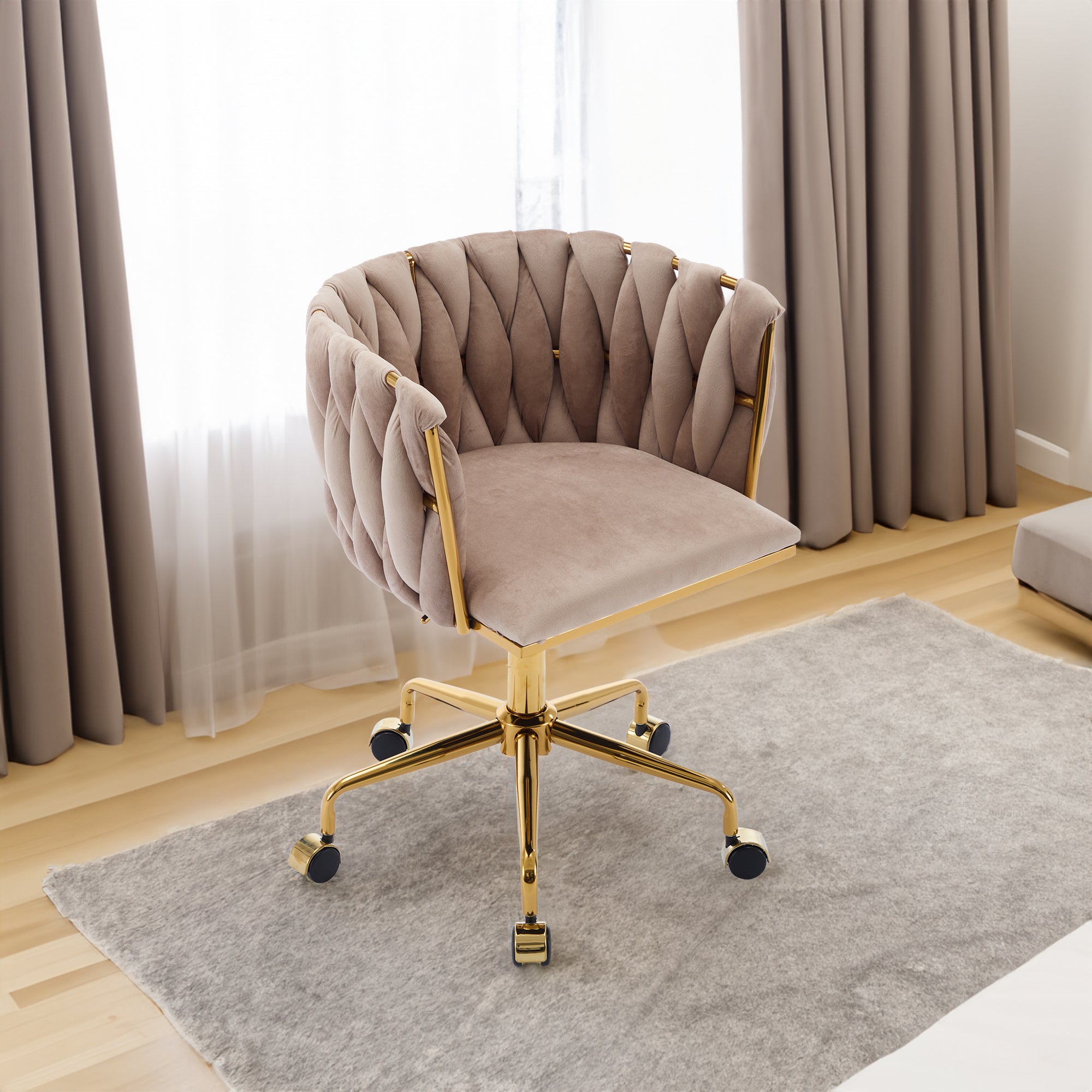 Velvet Vanity Chair with Wheels, Accent Chair Makeup Vanity Chair with Hand Woven Backrest (GRAY)