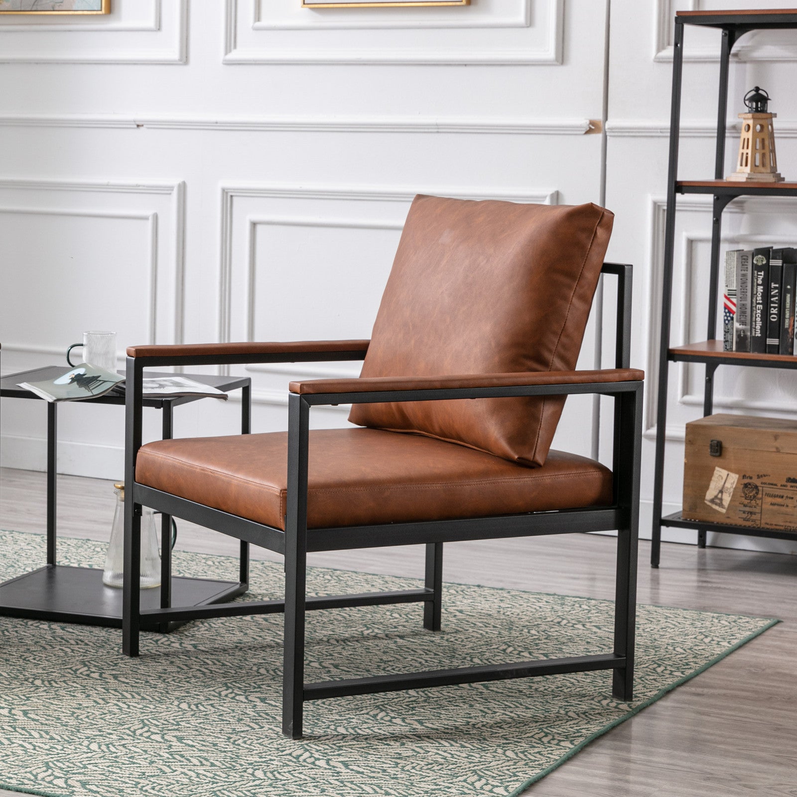A&A Furniture,Modern Faux Leather Accent Chair with Black Powder Coated Metal Frame Orange
