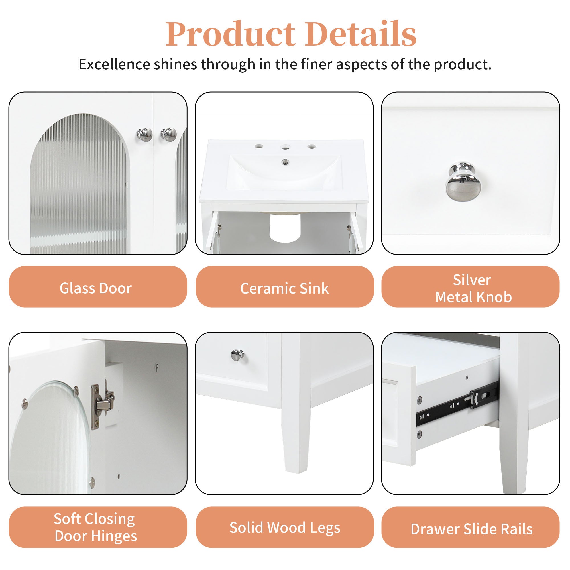 24" Bathroom Vanity with Sink, Bathroom Vanity Cabinet with One Drawer and Doors, Adjustable Shelf, Solid Wood and MDF, White
