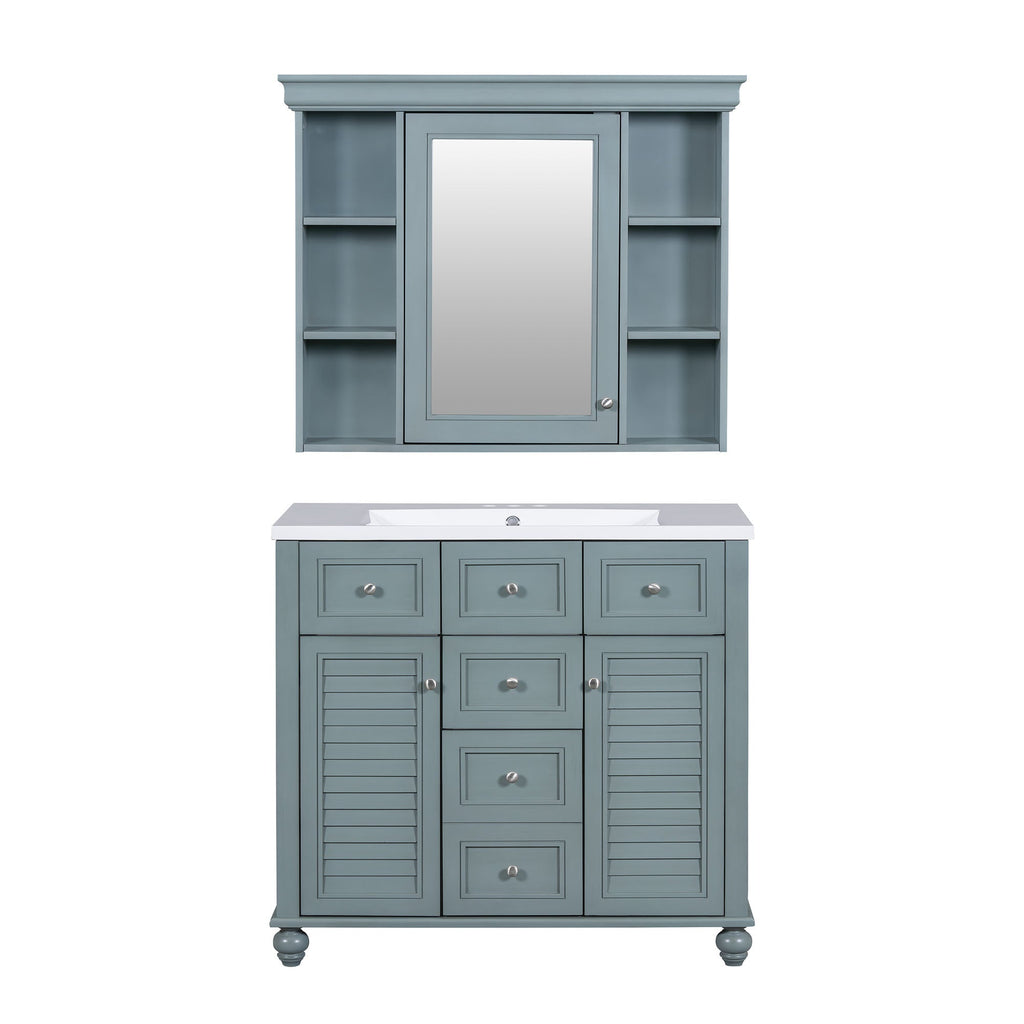 36 inch modern mirror cabinet with adjustable shelves, 2 soft closing doors, and 6 drawer storage cabinet door organizers