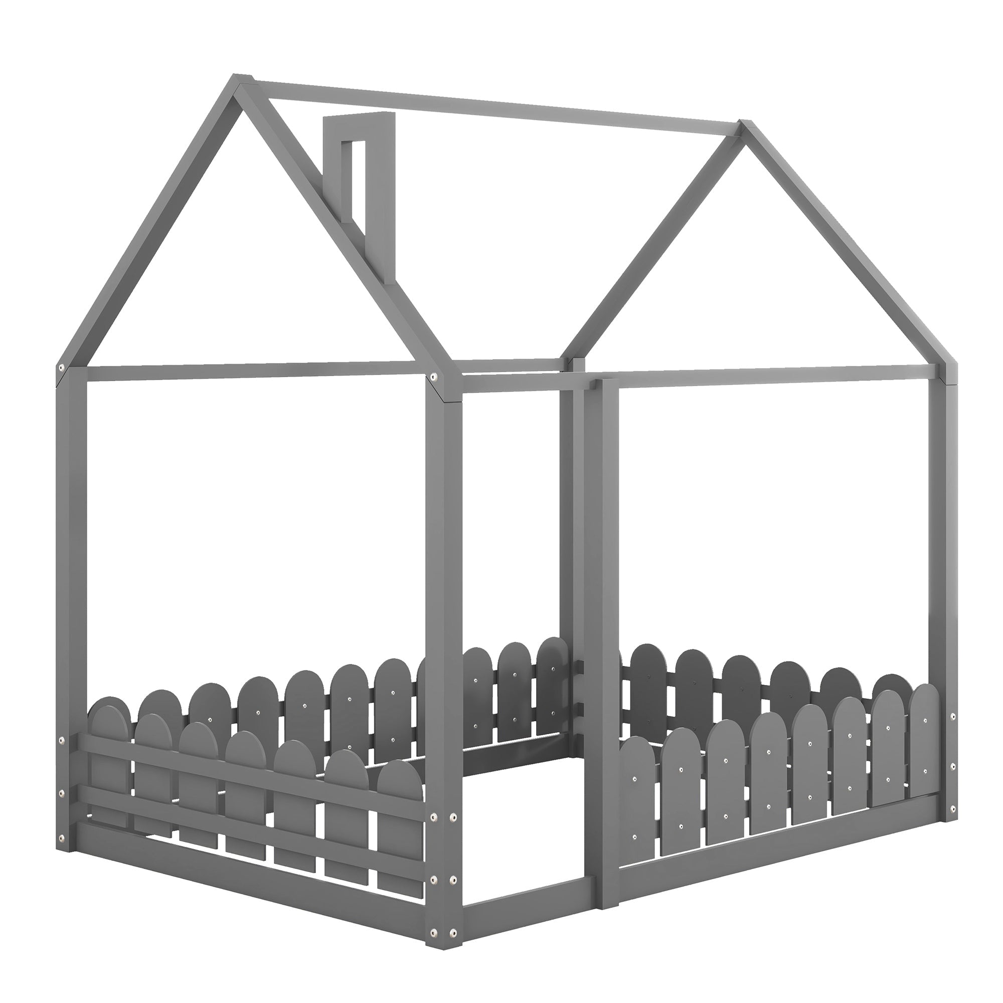 (Slats are not included)Full Size Wood Bed House Bed Frame with Fence for Kids Teens Girls Boys (Gray )