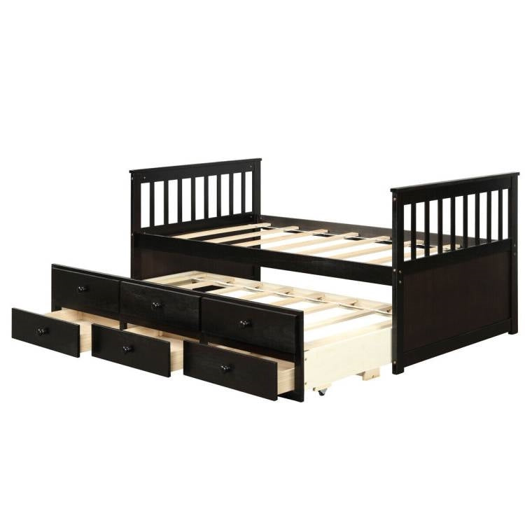 Twin Captains Bed with Pull Out Trundle and 3 Storage Drawers - Dark Brown Mocha